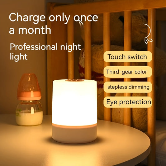Dimmable touch bedside lamp featuring 3-color warm/white LED, USB charging, and a portable night-light design.
