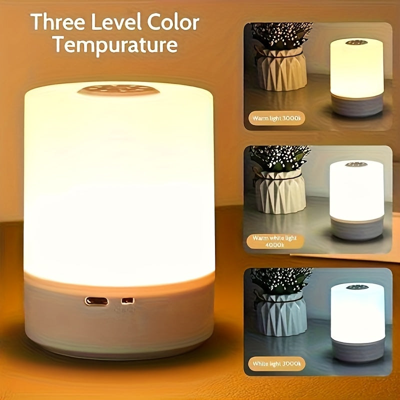 Dimmable touch bedside lamp featuring 3-color warm/white LED, USB charging, and a portable night-light design.