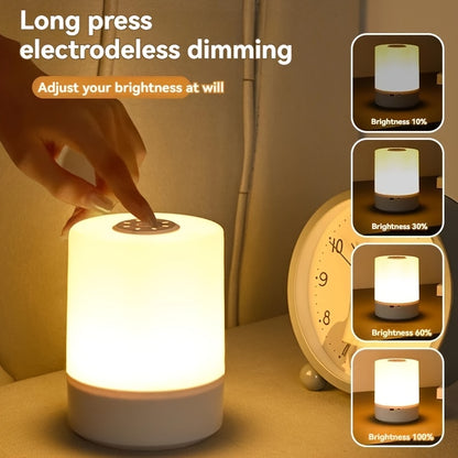 Dimmable touch bedside lamp featuring 3-color warm/white LED, USB charging, and a portable night-light design.