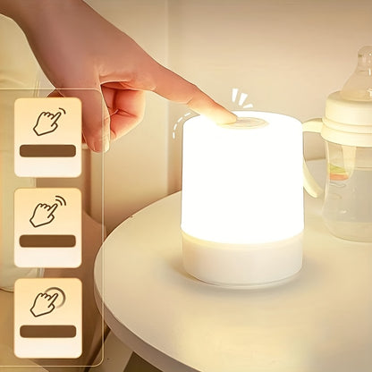 Dimmable touch bedside lamp featuring 3-color warm/white LED, USB charging, and a portable night-light design.