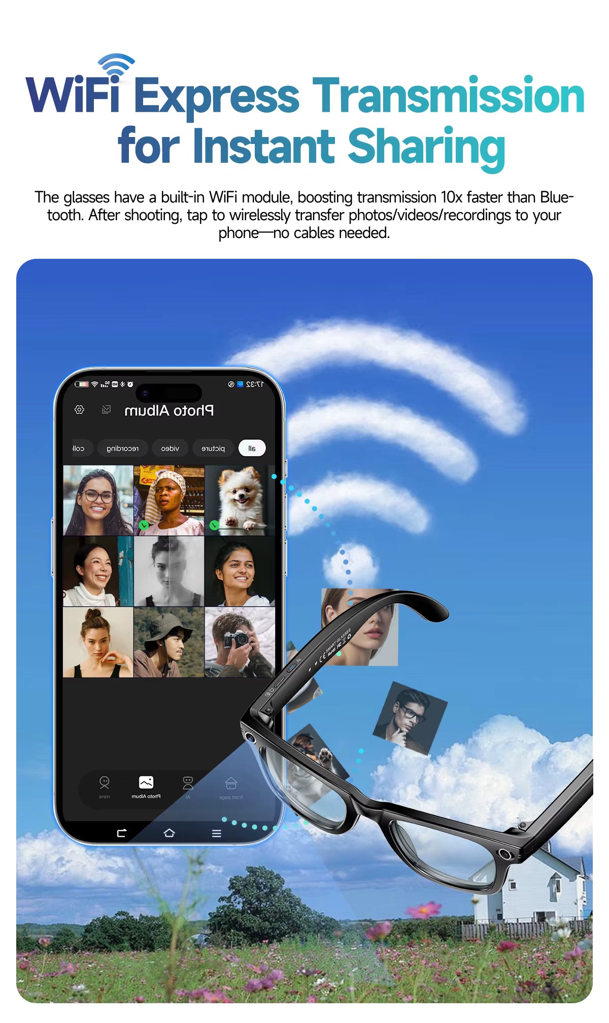 AI Smart Glasses with 8MP Camera Video Recording 100+ Languages