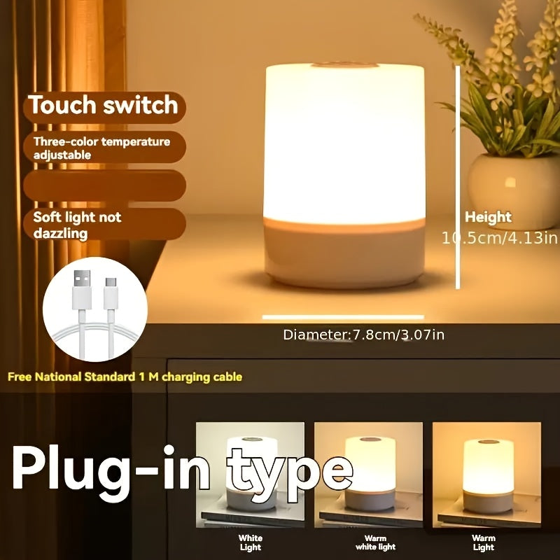 Dimmable touch bedside lamp featuring 3-color warm/white LED, USB charging, and a portable night-light design.