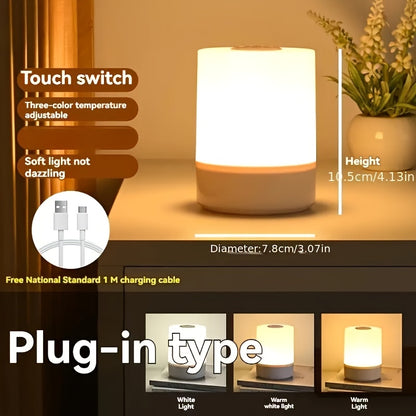 Dimmable touch bedside lamp featuring 3-color warm/white LED, USB charging, and a portable night-light design.